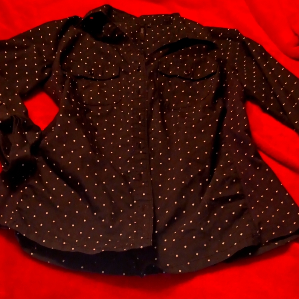 CATHY, black&white polka dot, 3/4 sleeve length button front woven blouse.